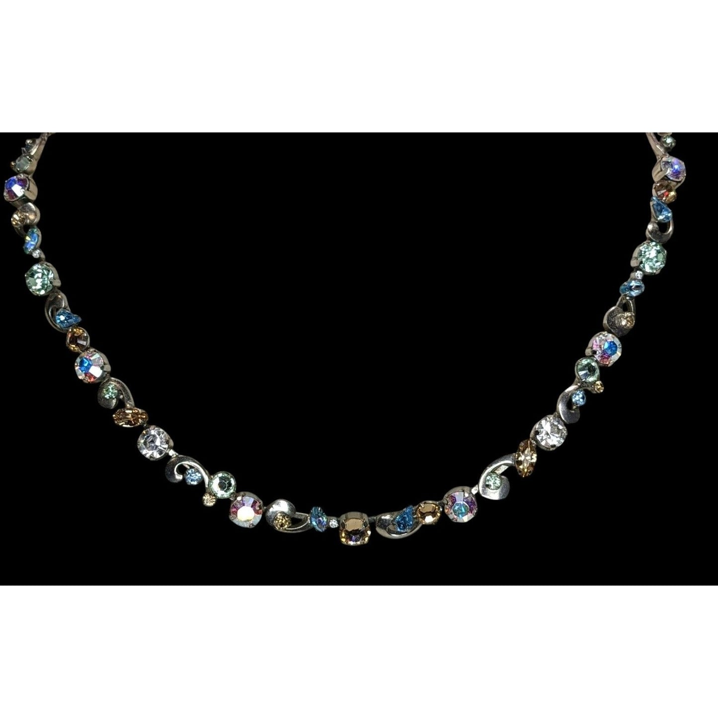 Vintage Sorrelli Rhinestone Necklace Rainbow Silver Regal Fantasy Statement