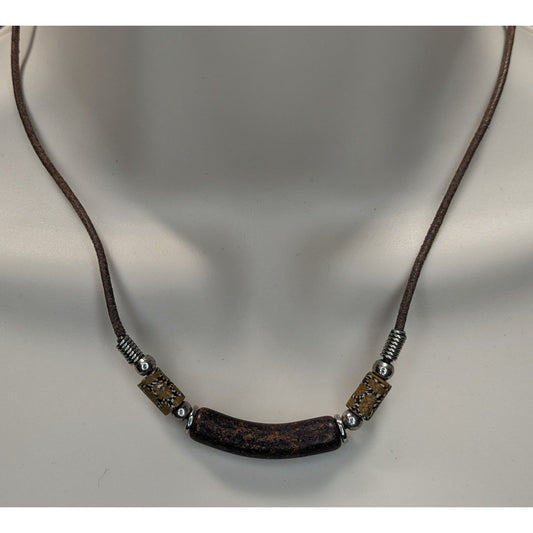 Vintage 90s Rustic Brown Cord Necklace With Polymer Clay Beads