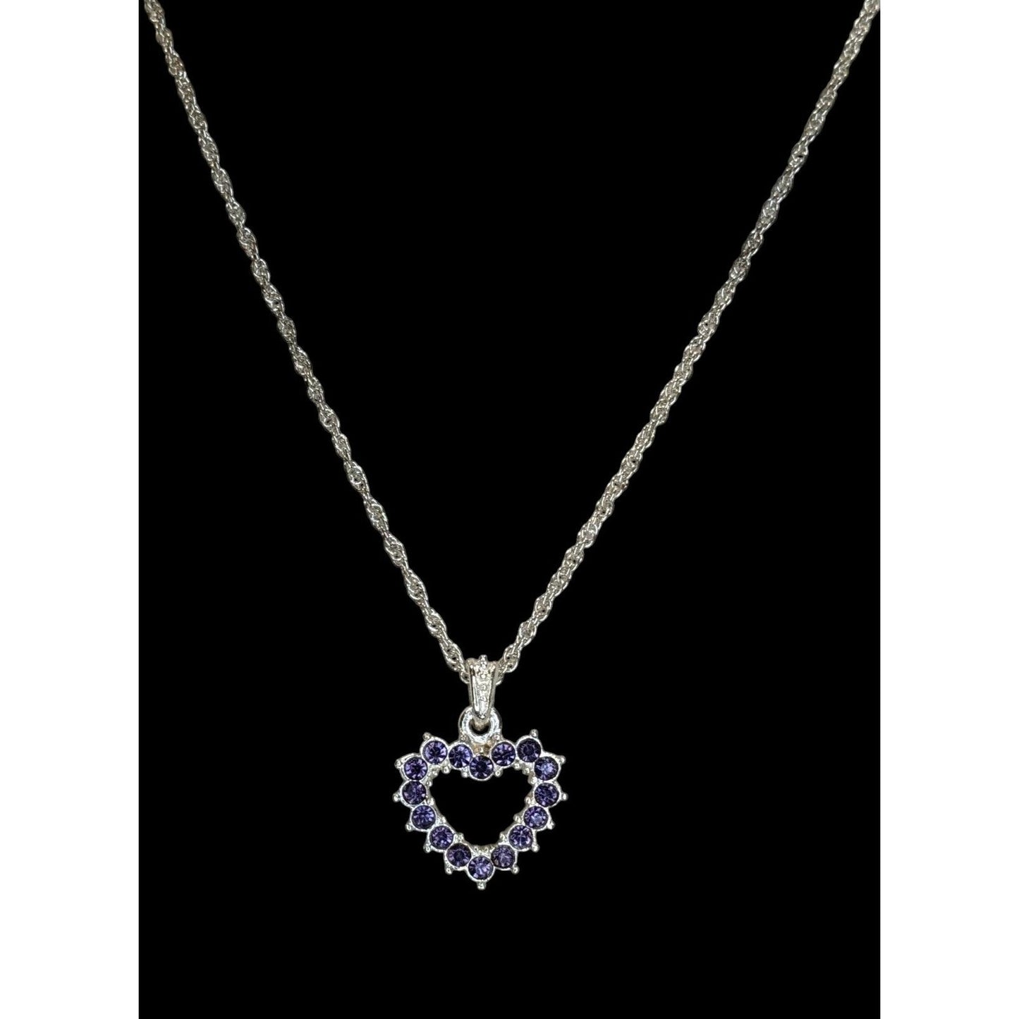 Purple Rhinestone Open Heart Necklace Silver Romantic Glam Y2K Pendant Jewelry