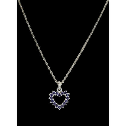 Purple Rhinestone Open Heart Necklace Silver Romantic Glam Y2K Pendant Jewelry