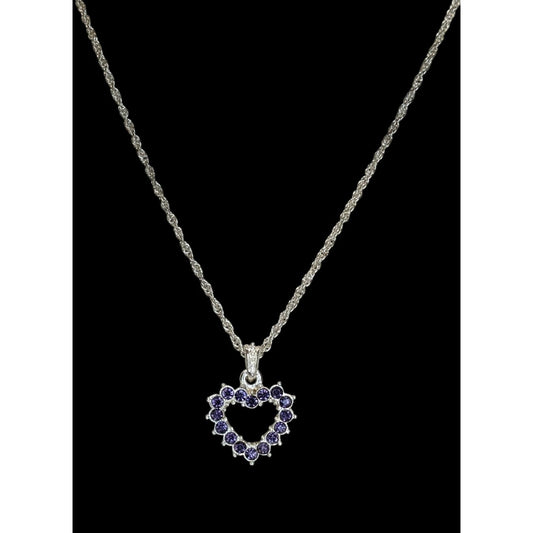 Purple Rhinestone Open Heart Necklace Silver Romantic Glam Y2K Pendant Jewelry