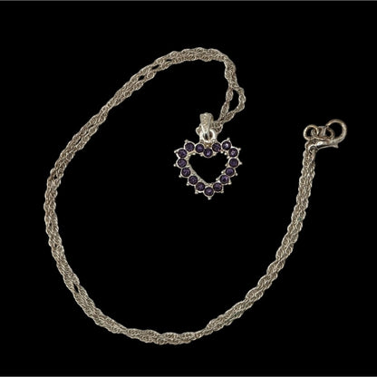Purple Rhinestone Open Heart Necklace Silver Romantic Glam Y2K Pendant Jewelry