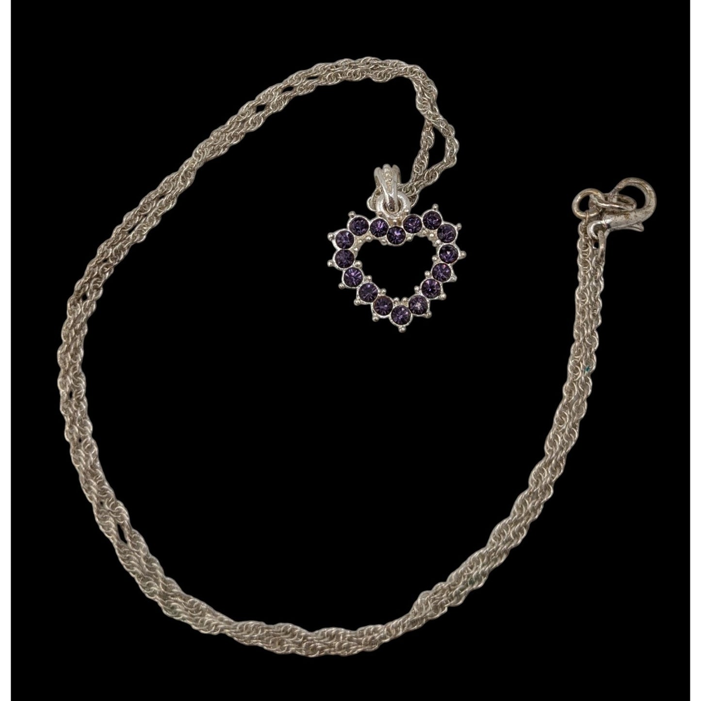Purple Rhinestone Open Heart Necklace Silver Romantic Glam Y2K Pendant Jewelry