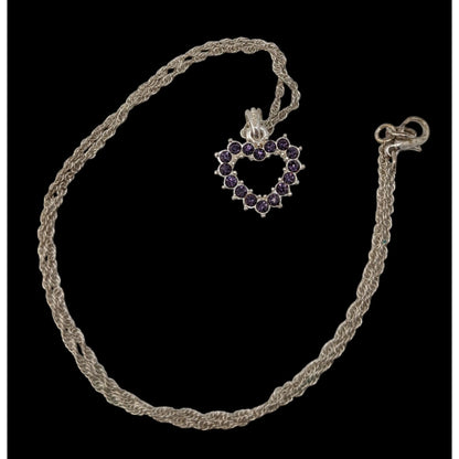 Purple Rhinestone Open Heart Necklace Silver Romantic Glam Y2K Pendant Jewelry