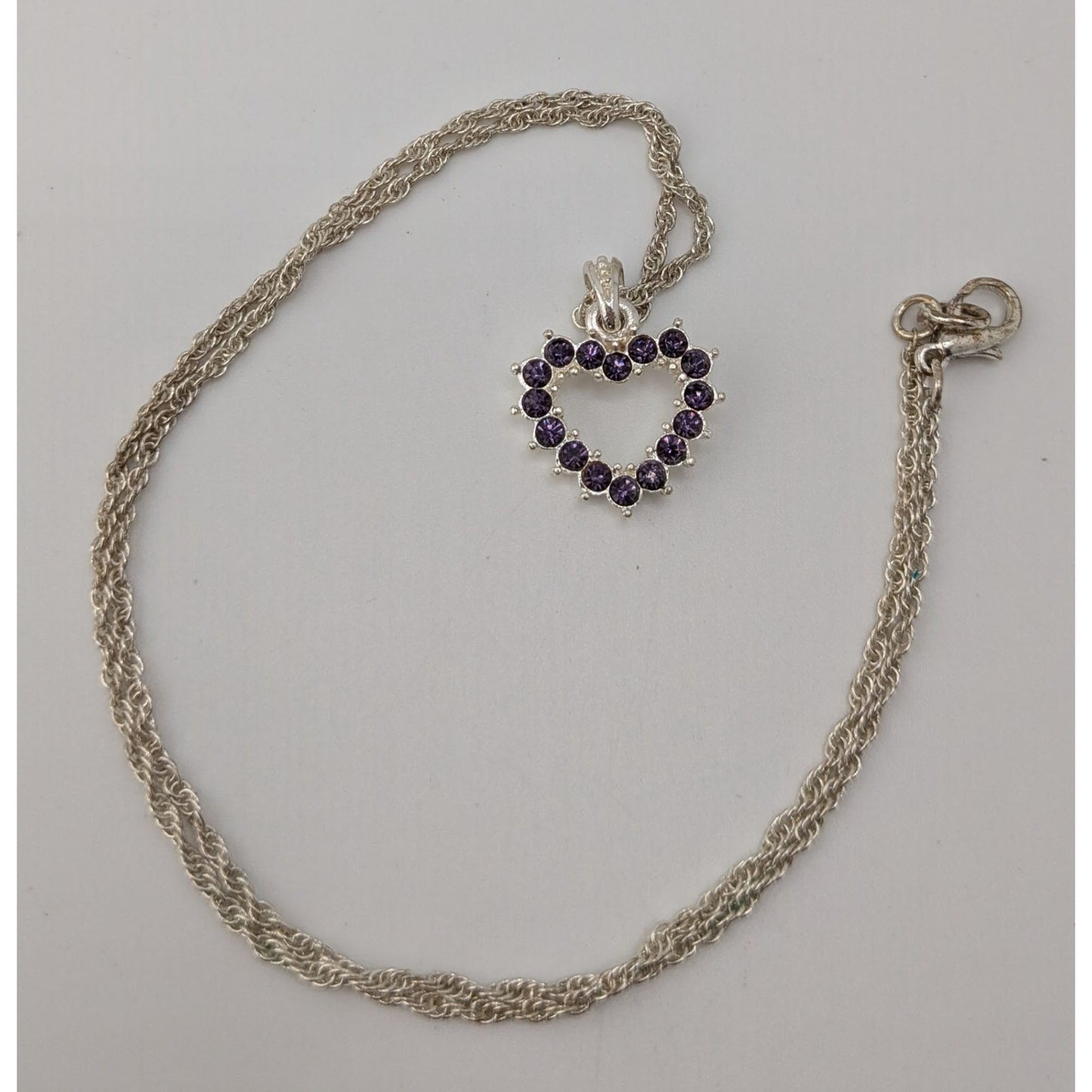 Purple Rhinestone Open Heart Necklace Silver Romantic Glam Y2K Pendant Jewelry