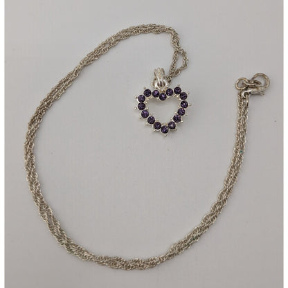 Purple Rhinestone Open Heart Necklace Silver Romantic Glam Y2K Pendant Jewelry