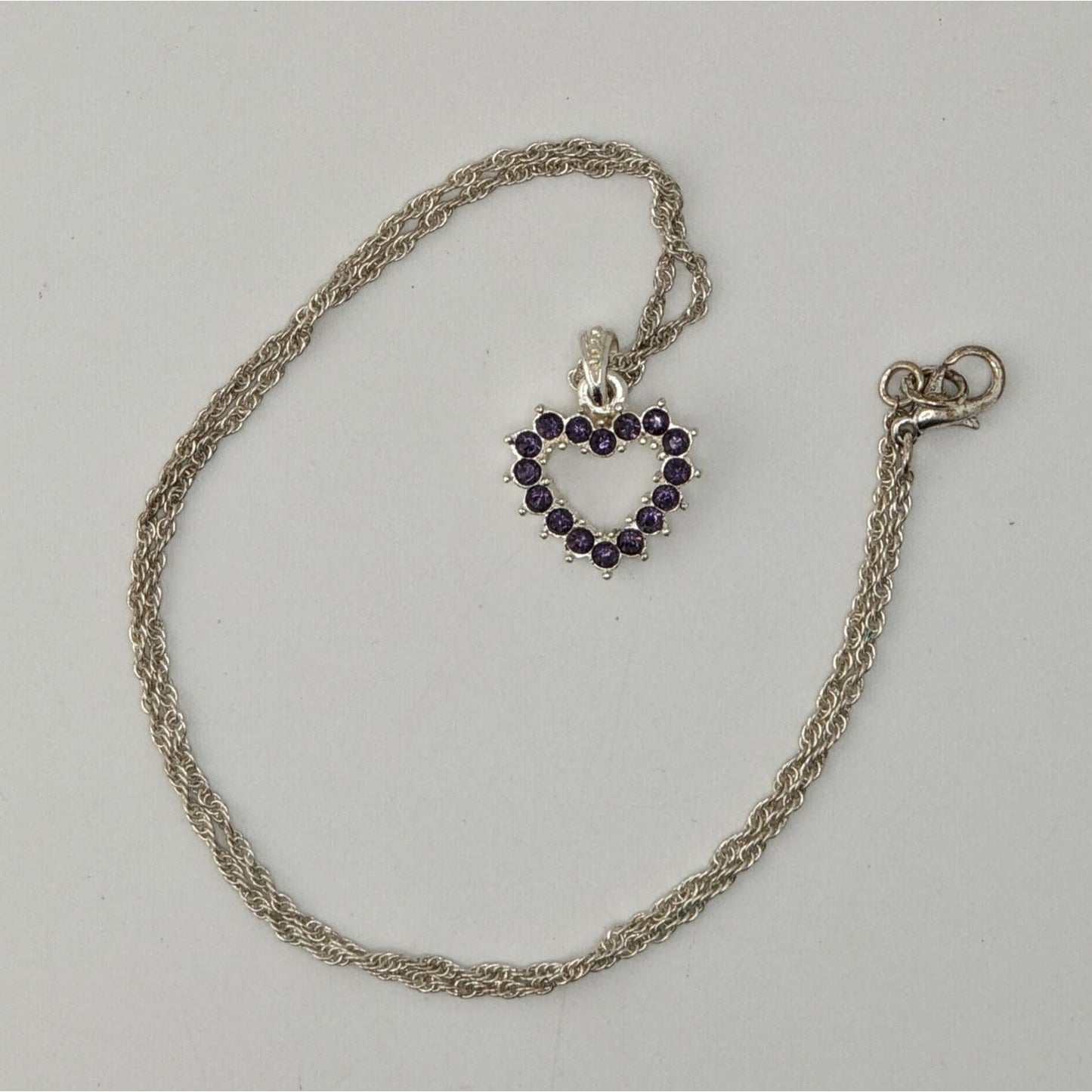 Purple Rhinestone Open Heart Necklace Silver Romantic Glam Y2K Pendant Jewelry