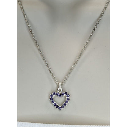 Purple Rhinestone Open Heart Necklace Silver Romantic Glam Y2K Pendant Jewelry