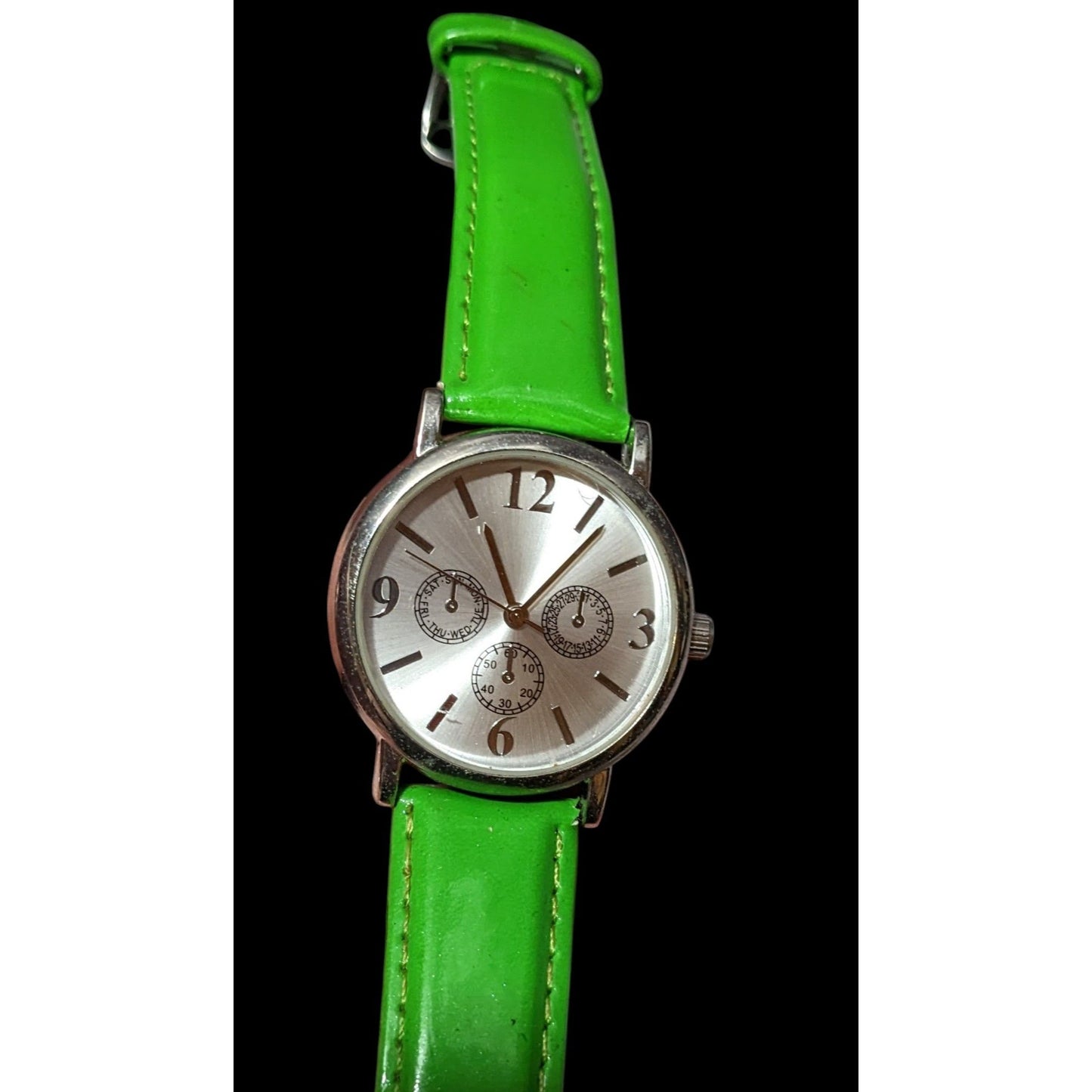 Lime Green Faux Leather Silver Tone Face Analog Watch