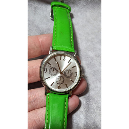 Lime Green Faux Leather Silver Tone Face Analog Watch