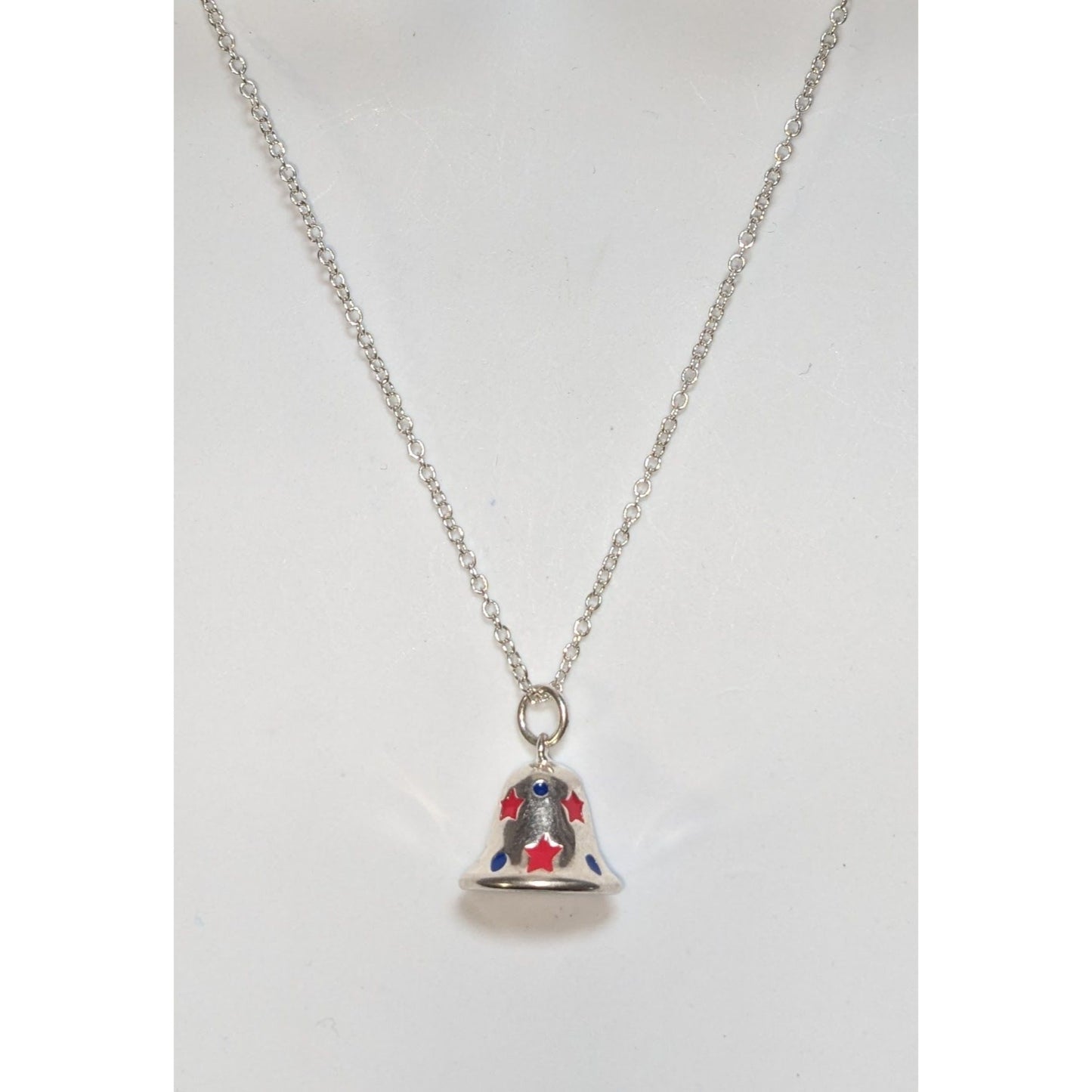 Y2K Patriotic Americana Silver Bell Charm Pendant Necklace Red White Blue