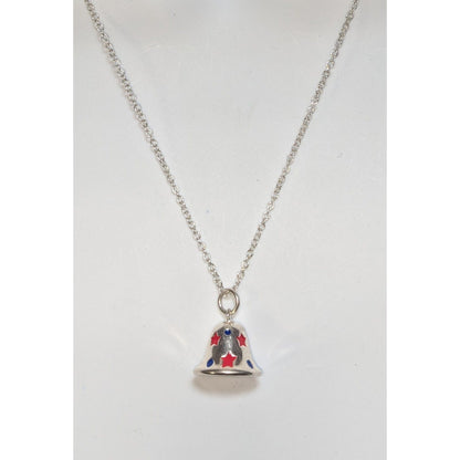 Y2K Patriotic Americana Silver Bell Charm Pendant Necklace Red White Blue