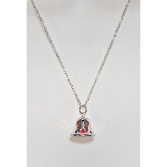 Y2K Patriotic Americana Silver Bell Charm Pendant Necklace Red White Blue