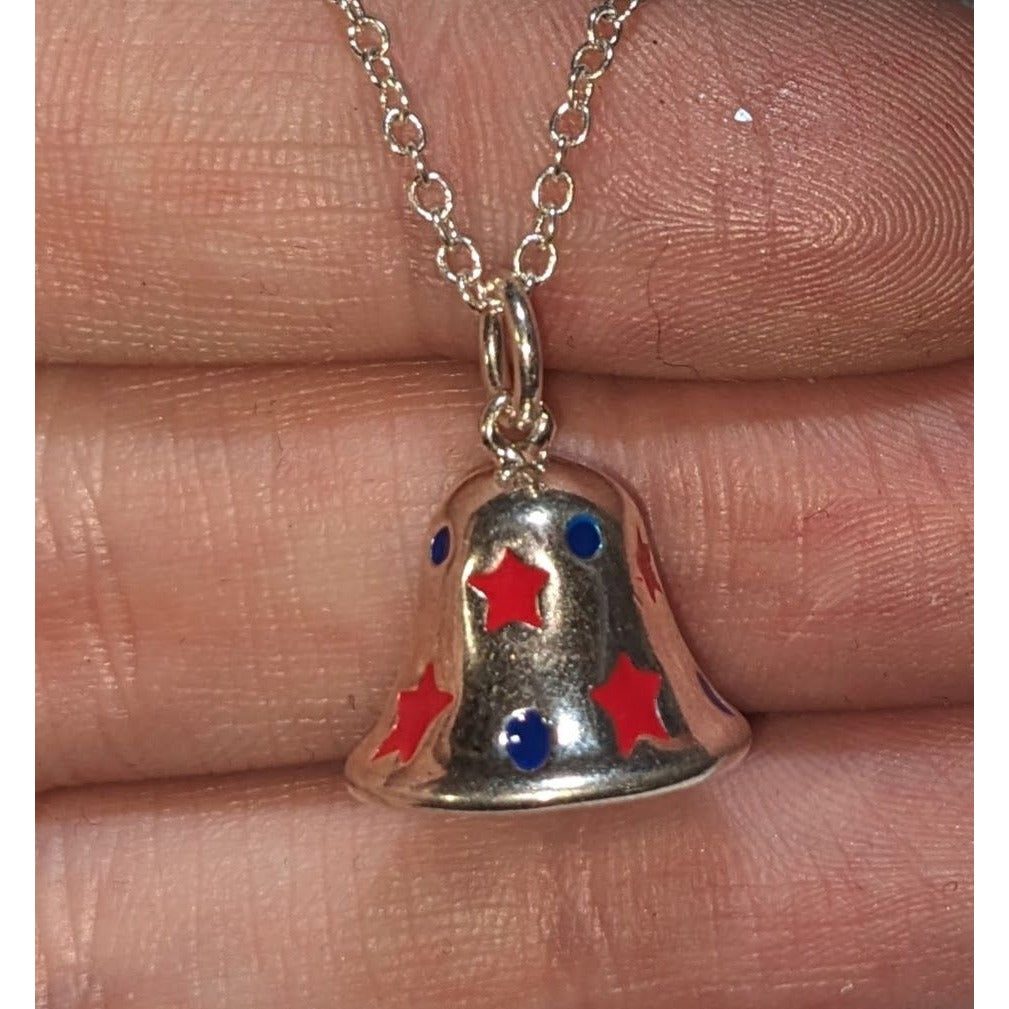 Y2K Patriotic Americana Silver Bell Charm Pendant Necklace Red White Blue
