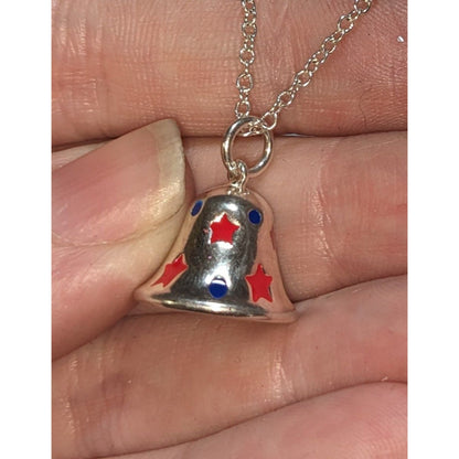 Y2K Patriotic Americana Silver Bell Charm Pendant Necklace Red White Blue
