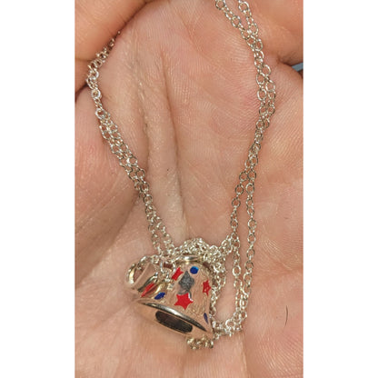 Y2K Patriotic Americana Silver Bell Charm Pendant Necklace Red White Blue