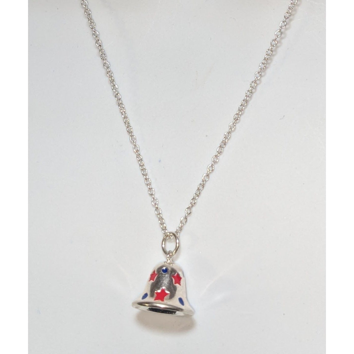 Y2K Patriotic Americana Silver Bell Charm Pendant Necklace Red White Blue
