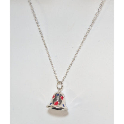 Y2K Patriotic Americana Silver Bell Charm Pendant Necklace Red White Blue