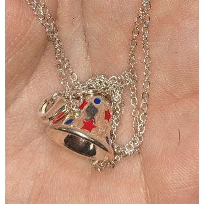 Y2K Patriotic Americana Silver Bell Charm Pendant Necklace Red White Blue