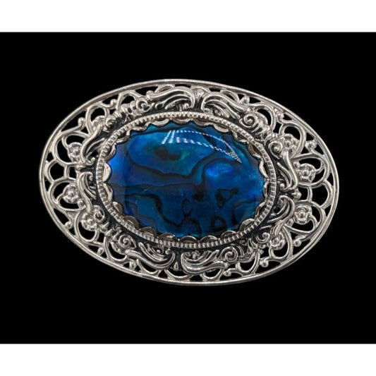 Vintage Mermaidcore Blue Mother Of Pearl Brooch With Silver Tone Filigree