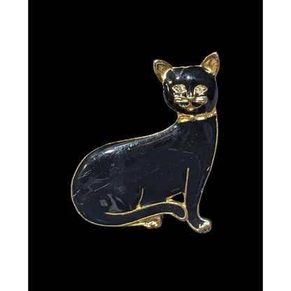 Vintage Cat Black Enamel And Gold Tone Brooch With Rhinestone Eyes