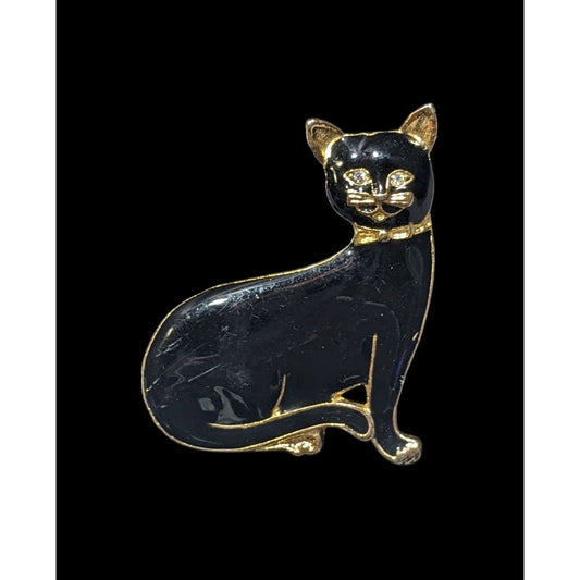 Vintage Cat Black Enamel And Gold Tone Brooch With Rhinestone Eyes