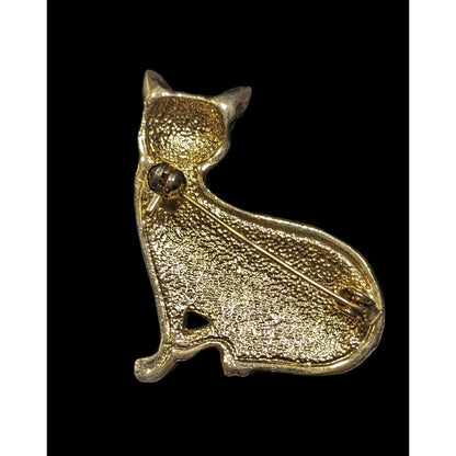 Vintage Cat Black Enamel And Gold Tone Brooch With Rhinestone Eyes