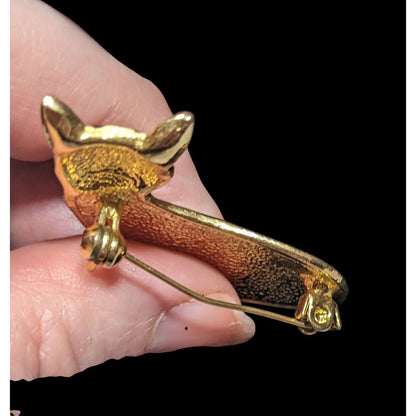 Vintage Cat Black Enamel And Gold Tone Brooch With Rhinestone Eyes