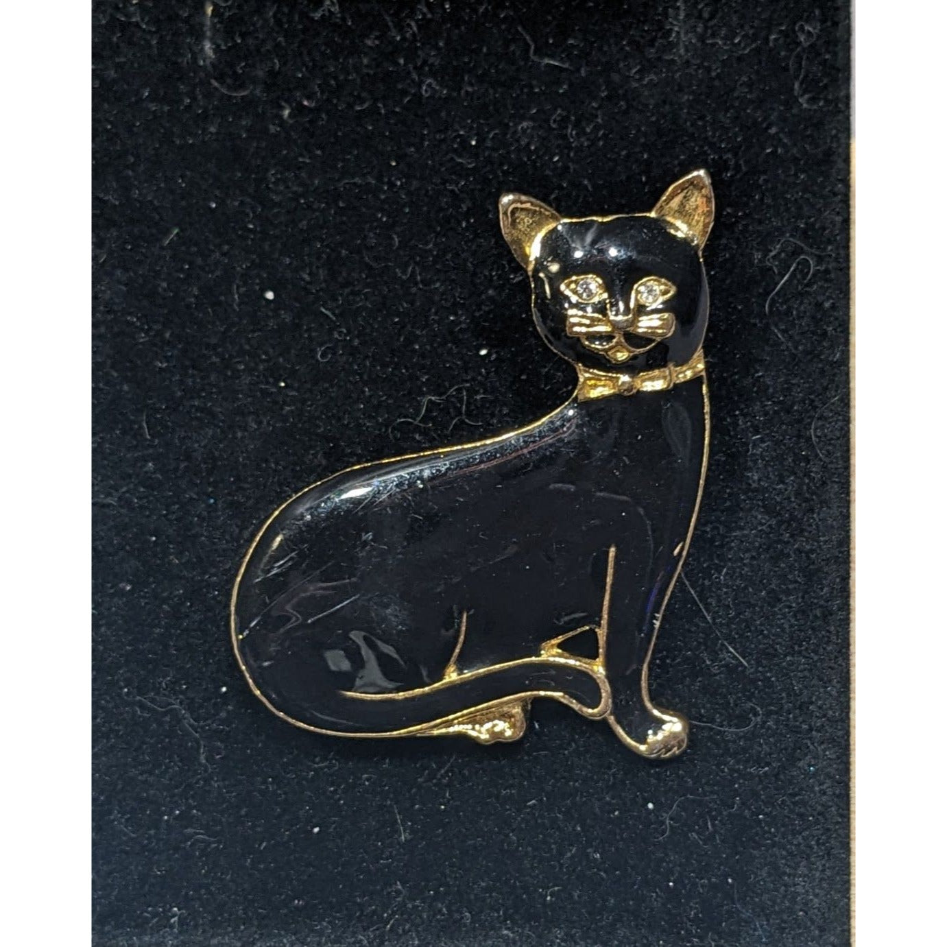 Vintage Cat Black Enamel And Gold Tone Brooch With Rhinestone Eyes