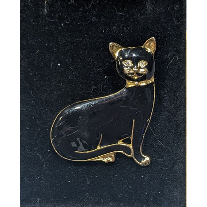 Vintage Cat Black Enamel And Gold Tone Brooch With Rhinestone Eyes