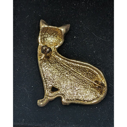 Vintage Cat Black Enamel And Gold Tone Brooch With Rhinestone Eyes