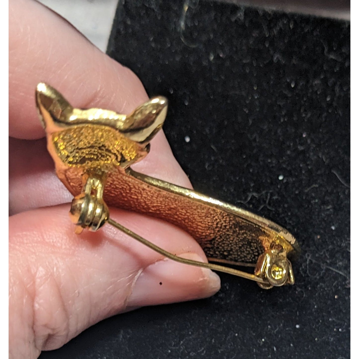 Vintage Cat Black Enamel And Gold Tone Brooch With Rhinestone Eyes