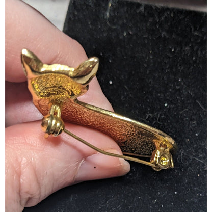 Vintage Cat Black Enamel And Gold Tone Brooch With Rhinestone Eyes