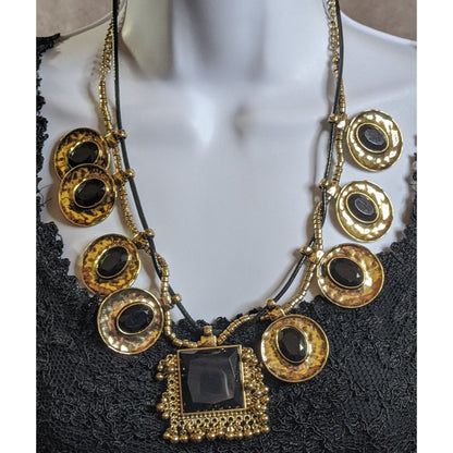 Chunky Brutalist Geometric Statement Necklace With Metallic Abstract Discs & Black Accents