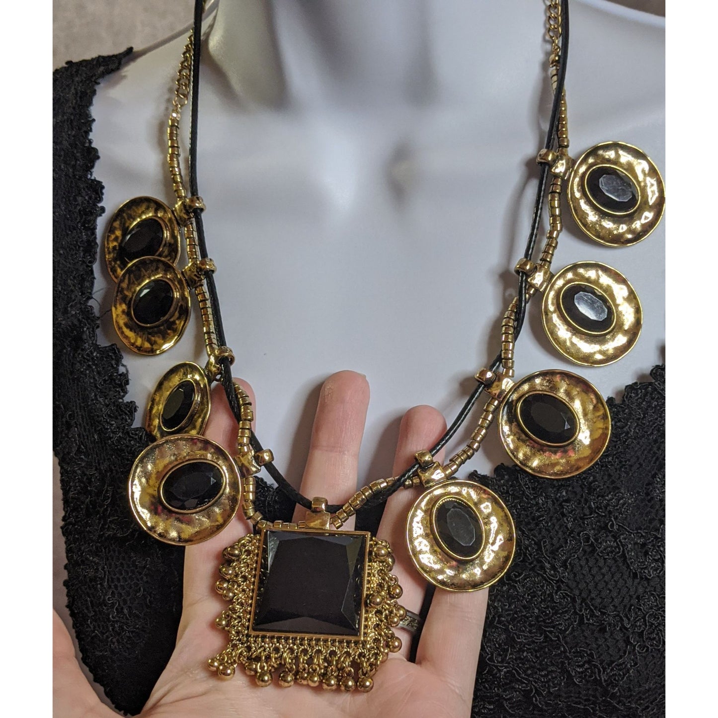 Chunky Brutalist Geometric Statement Necklace With Metallic Abstract Discs & Black Accents