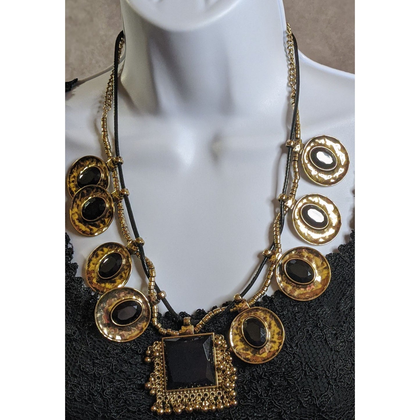 Chunky Brutalist Geometric Statement Necklace With Metallic Abstract Discs & Black Accents