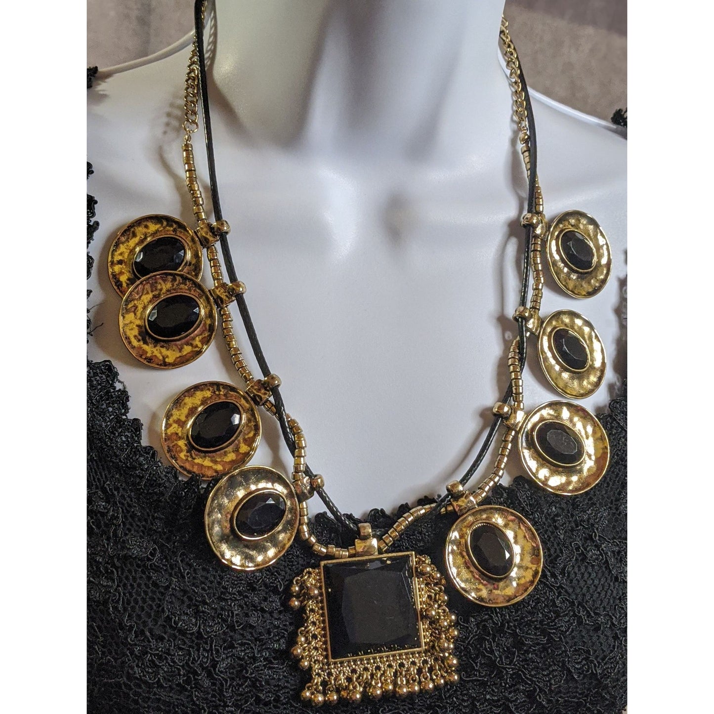 Chunky Brutalist Geometric Statement Necklace With Metallic Abstract Discs & Black Accents
