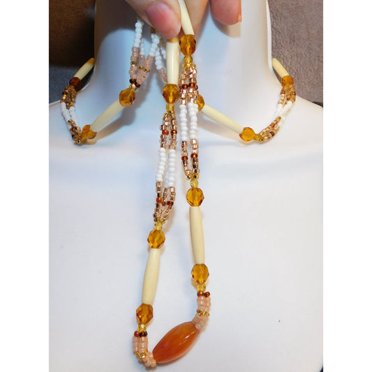 Amber Glass Beaded Necklace With Pink And White Accents