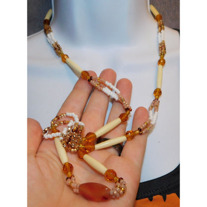 Amber Glass Beaded Necklace With Pink And White Accents