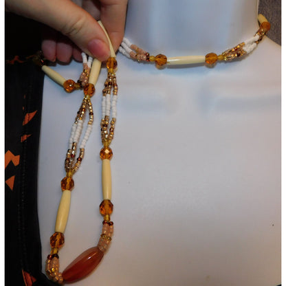 Amber Glass Beaded Necklace With Pink And White Accents