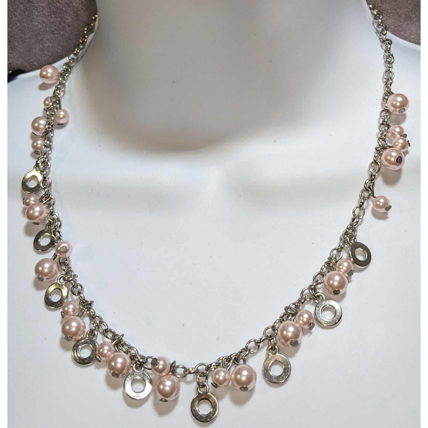Romantic Shimmer Faux Pearl And Metal Disc Charm Necklace