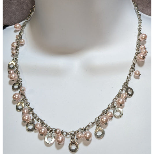 Romantic Shimmer Faux Pearl And Metal Disc Charm Necklace