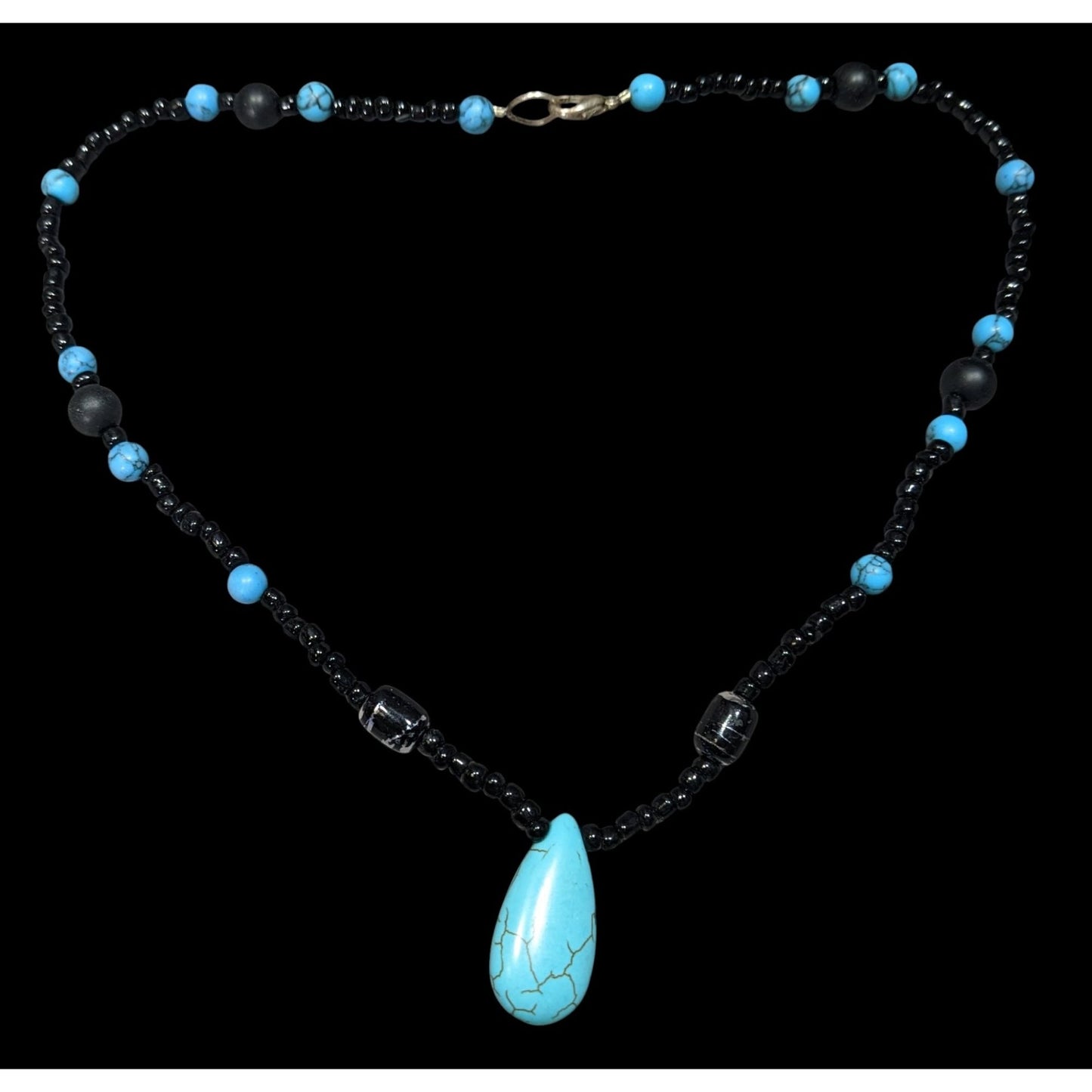Turquoise & Black Beaded Necklace W/ Teardrop Pendant