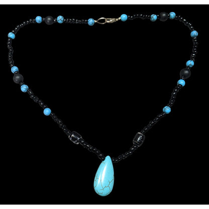 Turquoise & Black Beaded Necklace W/ Teardrop Pendant