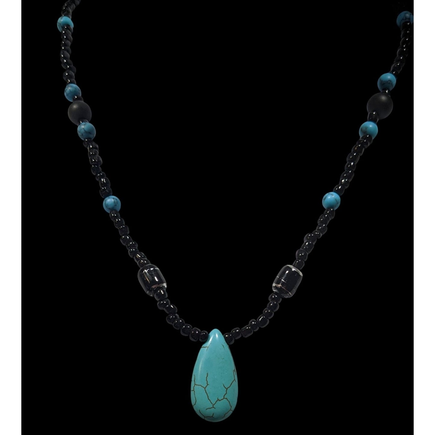 Turquoise & Black Beaded Necklace W/ Teardrop Pendant