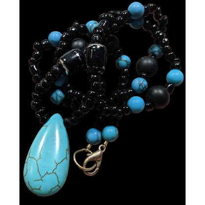 Turquoise & Black Beaded Necklace W/ Teardrop Pendant
