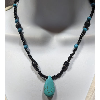 Turquoise & Black Beaded Necklace W/ Teardrop Pendant