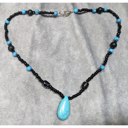 Turquoise & Black Beaded Necklace W/ Teardrop Pendant