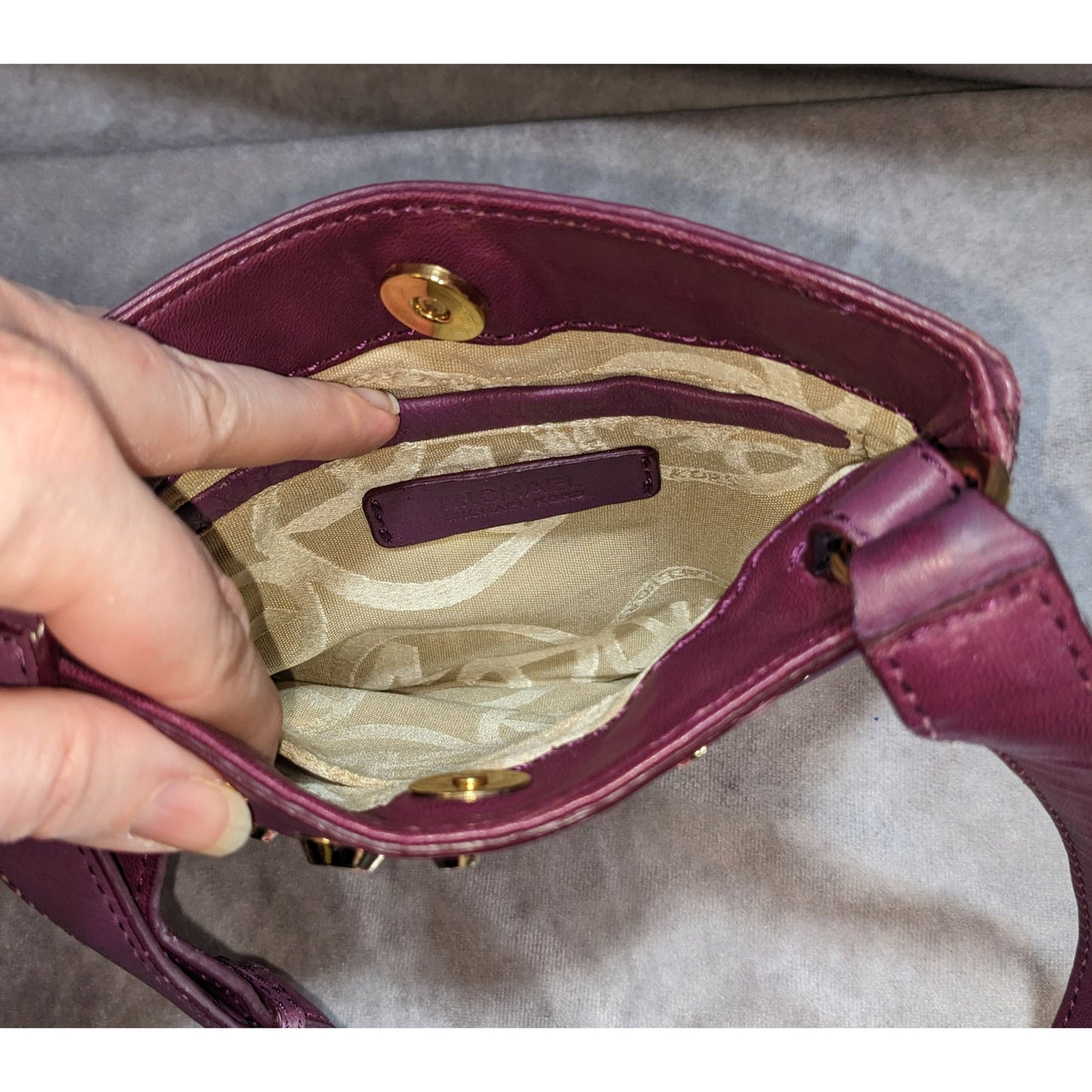 Michael Kors Purple Leather Crossbody Bag With Gold Stud Accents & Adjustable Strap