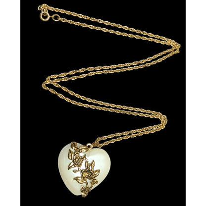 Vintage Avon Victorian Style Pearlescent Floral Heart Pendant Necklace